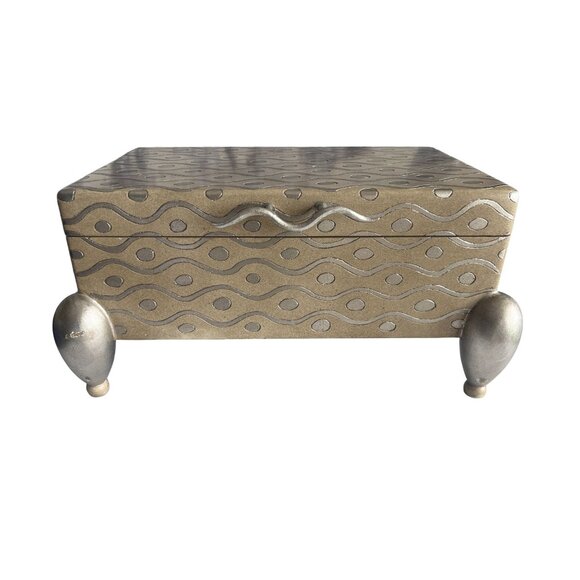 ART DECO Silver & Taupe WAVE Box With Patterned Design & Ball Feet Home Decor - Picture 1 of 9